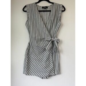Lulus Grey White Striped Wrap Front Romper Small Made in USA Tie Waist